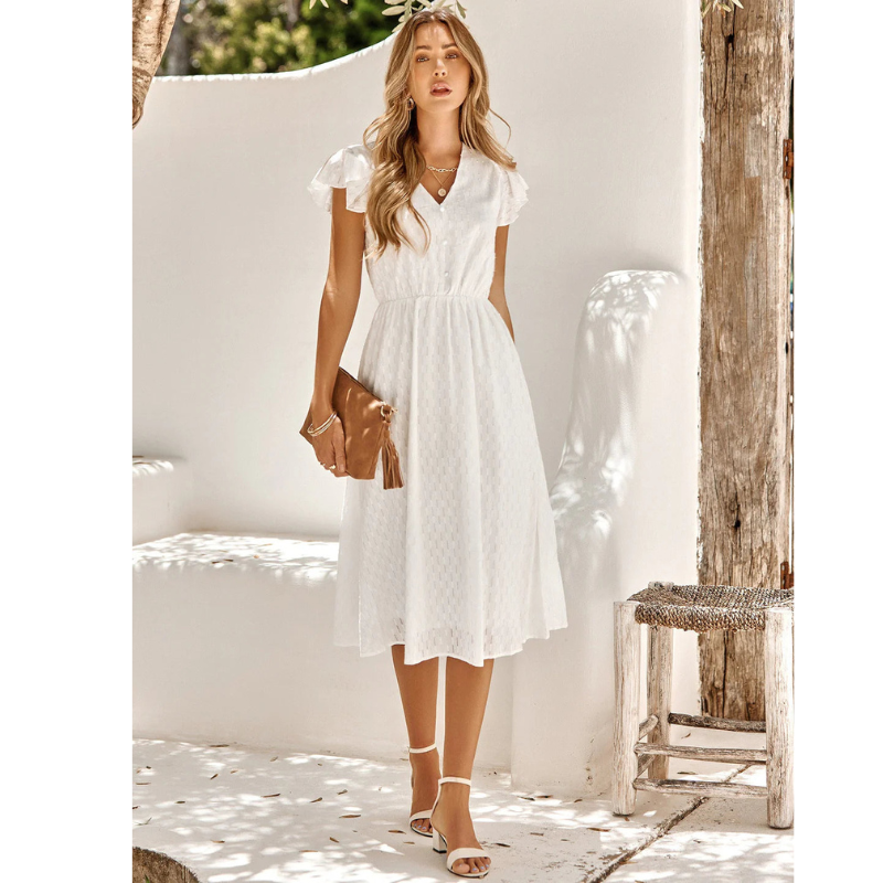 Women Midi Dress | Short Sleeve V Neck Ruffle A Line Elastic Waist