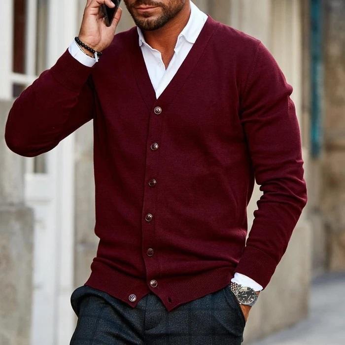 Men's Cardigan | Classic Long Sleeve Button-Down Knit Layer