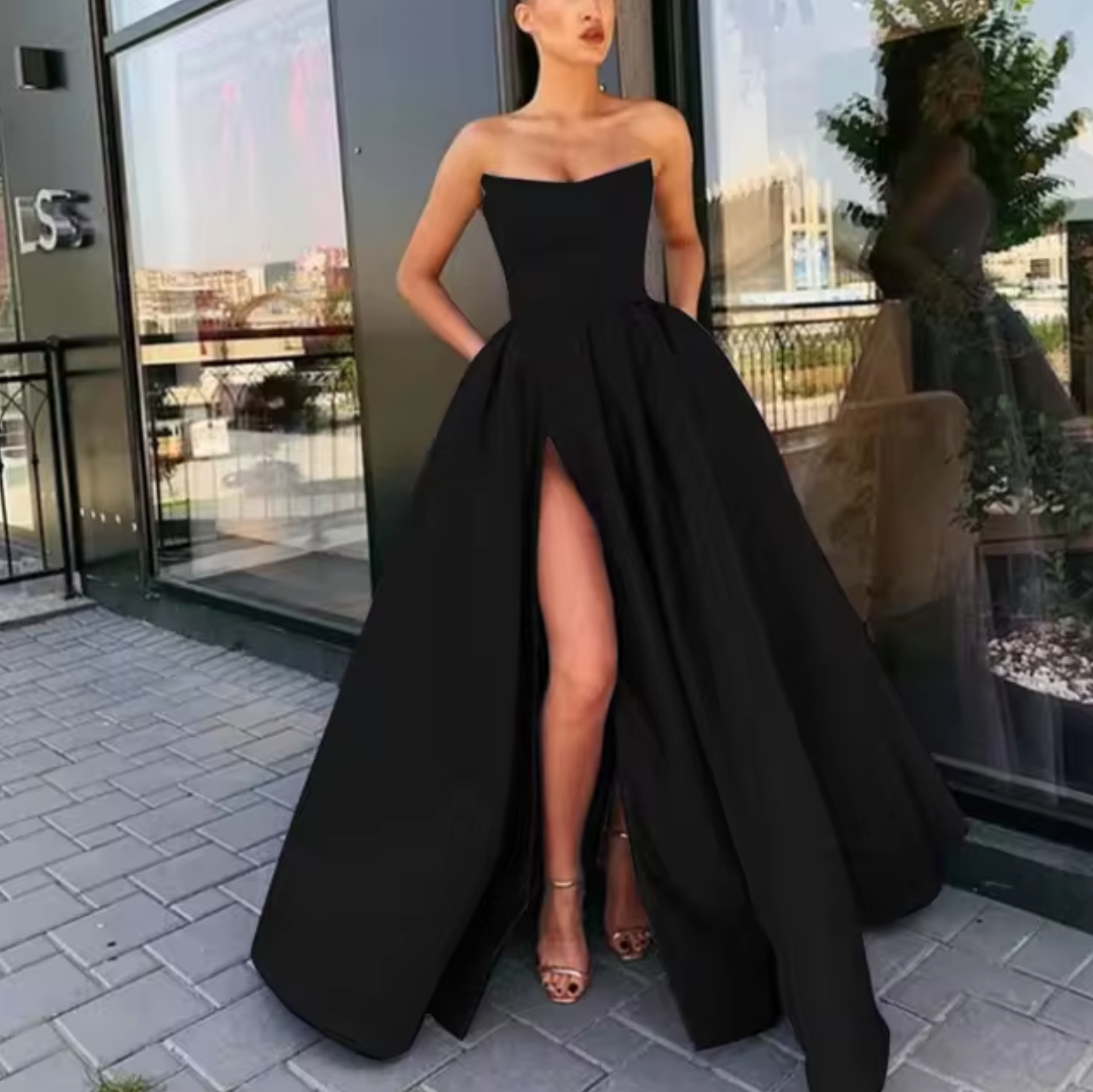 Women Ball Gown | Strapless Maxi Silhouette with High Slit Detail