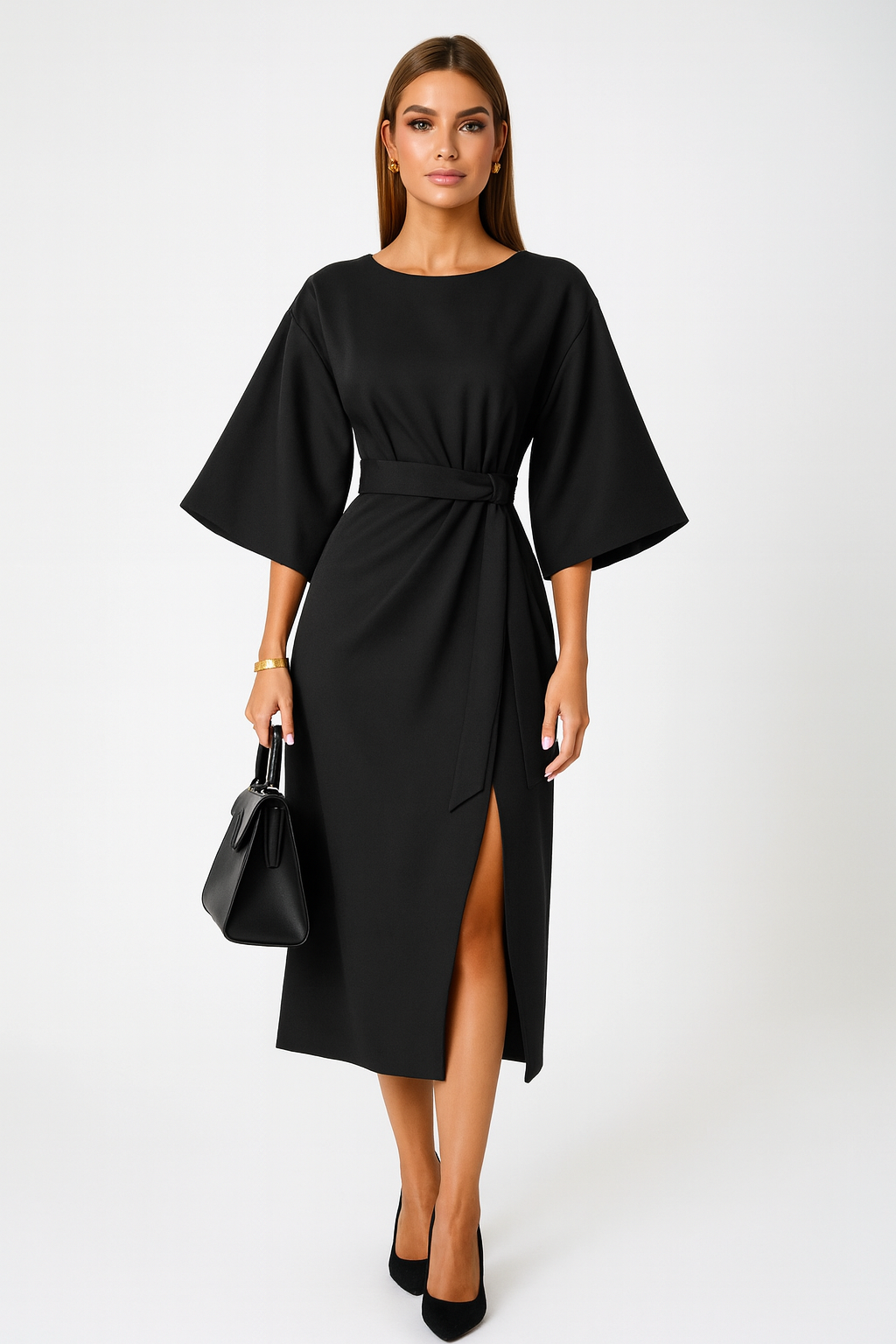 Belted Midi Dress with Bell Sleeves – Elegant Formal Look