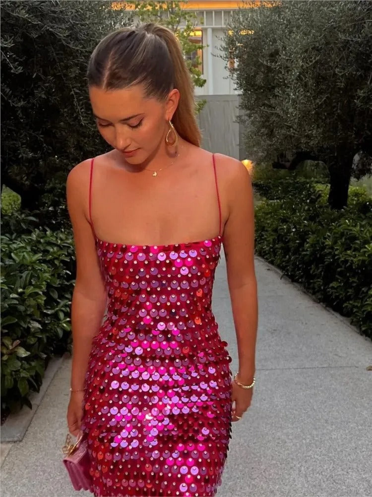 Sequin Spaghetti Strap Midi Dress for Women – Evening Outfit
