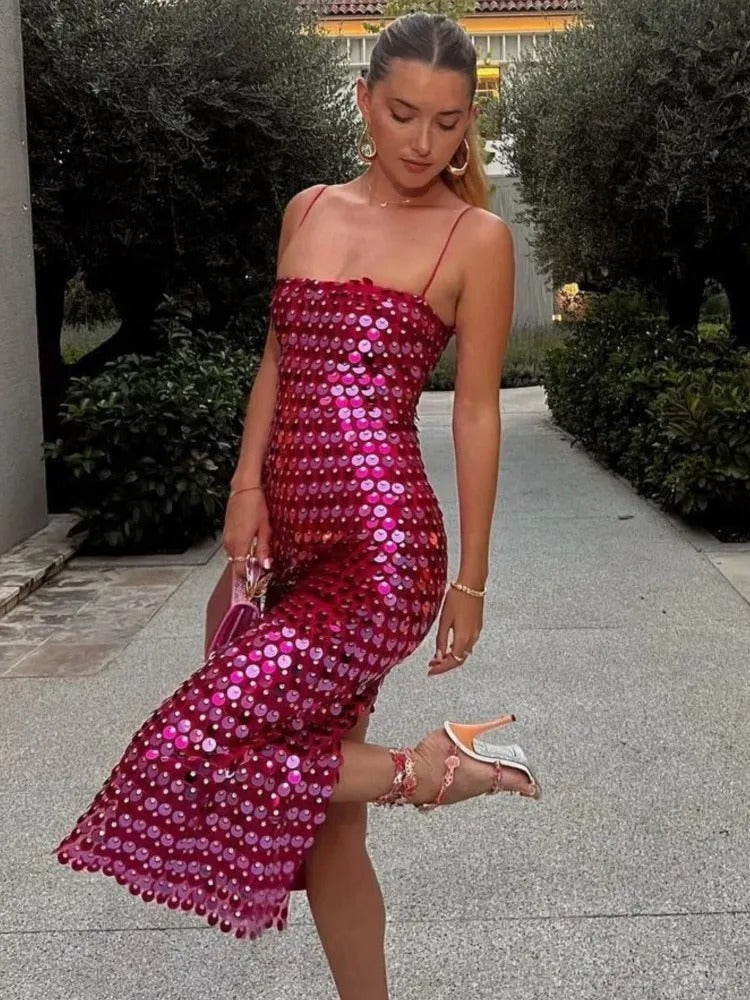 Sequin Spaghetti Strap Midi Dress for Women – Evening Outfit