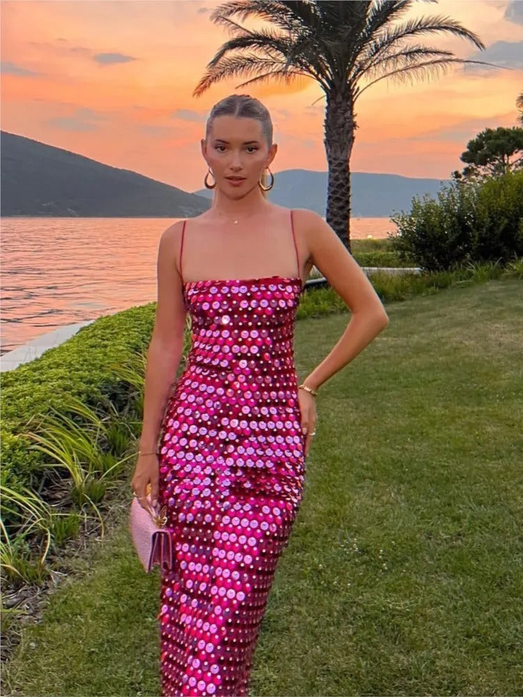 Sequin Spaghetti Strap Midi Dress for Women – Evening Outfit