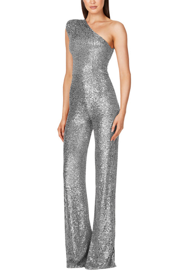 Women Wide Cut Wide Leg Sequined Jumpsuit | One Shoulder Feature Style