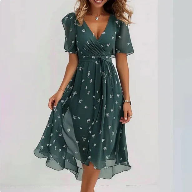 Women Wrap Dress | V-neck Midi Length Wrap Closure Design