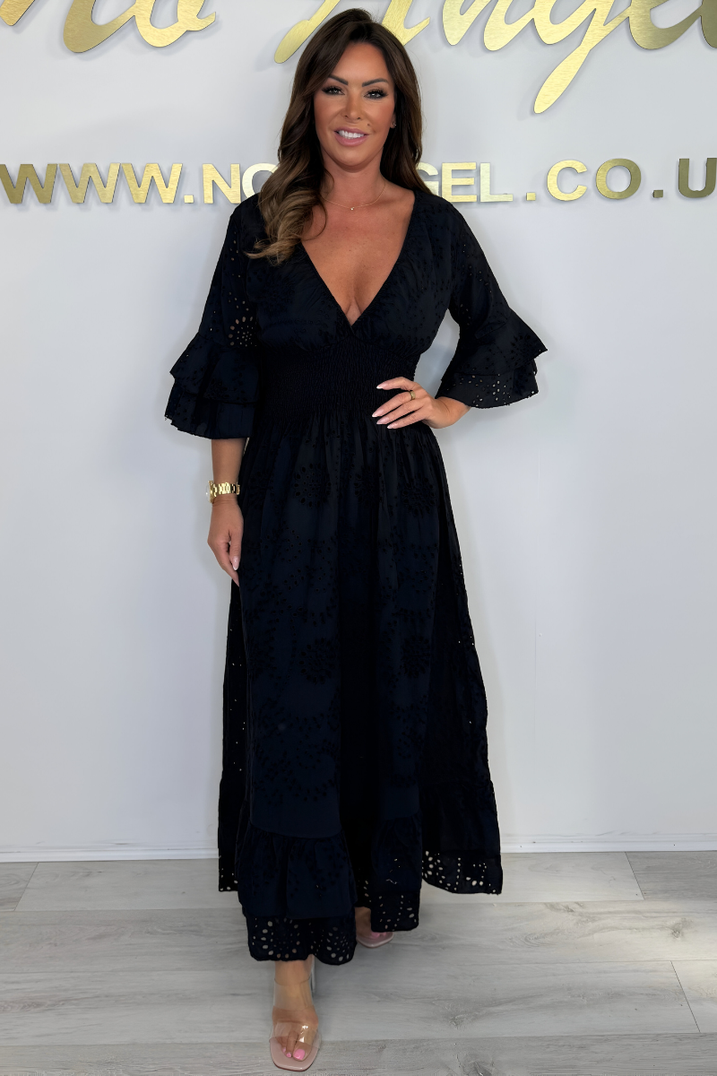 Women Maxi Dress | V-neck Three-quarter Sleeve Elastic Waist