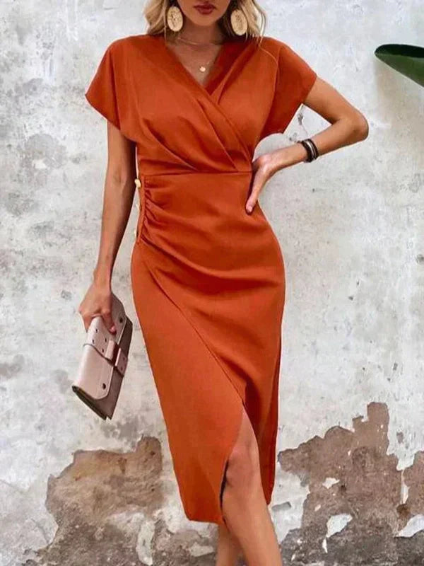 Women Midi Dress | V-neck Short Sleeve Midi Length Slit Feature