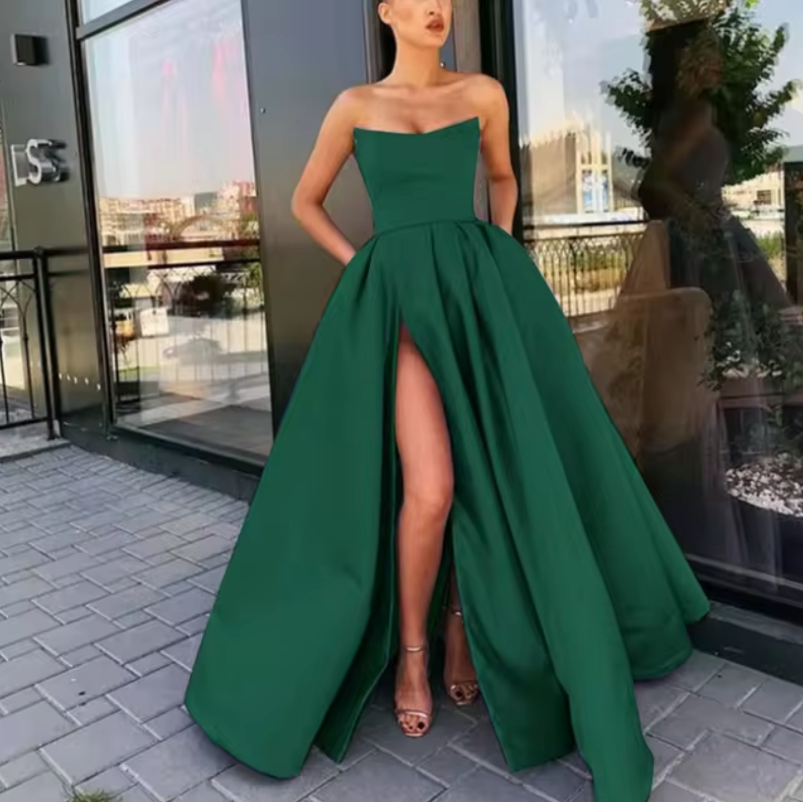 Women Ball Gown | Strapless Maxi Silhouette with High Slit Detail