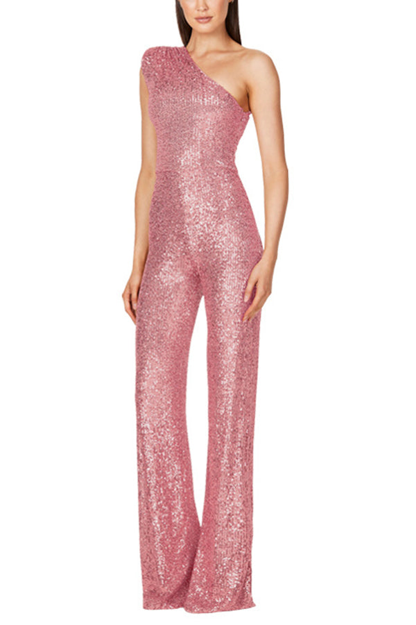 Women Wide Cut Wide Leg Sequined Jumpsuit | One Shoulder Feature Style