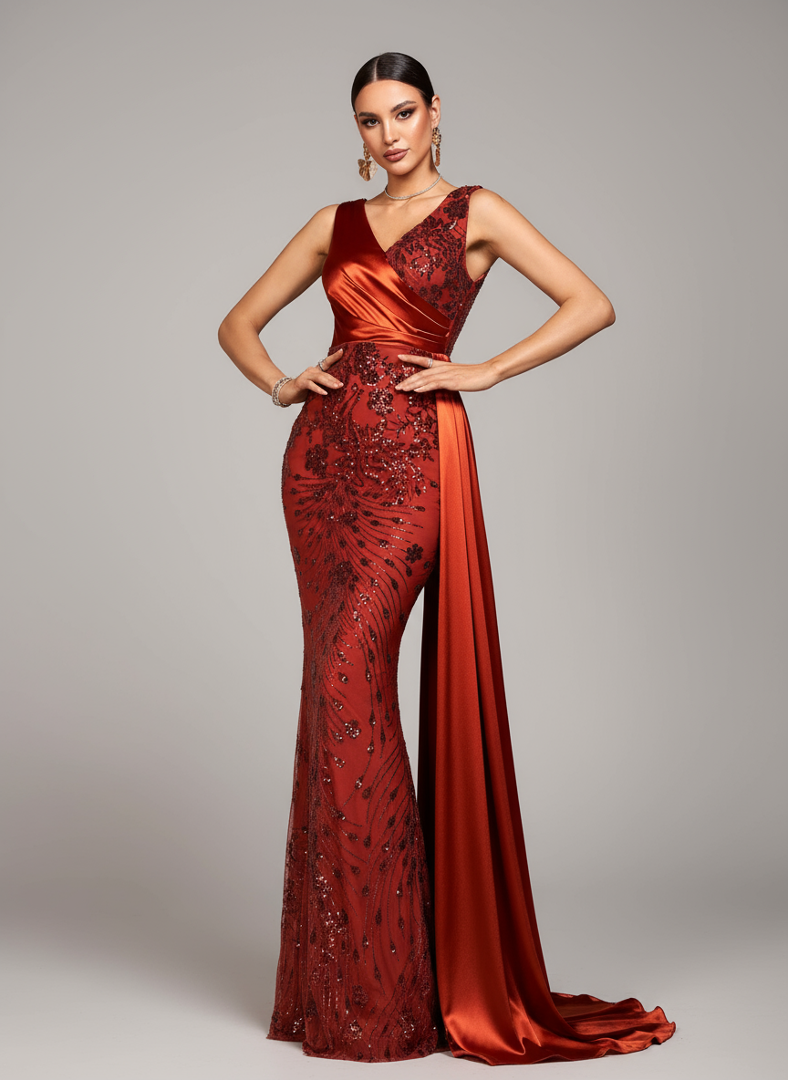 Women Evening Dress | Sleeveless V-Neck Mermaid Regular Fit Design