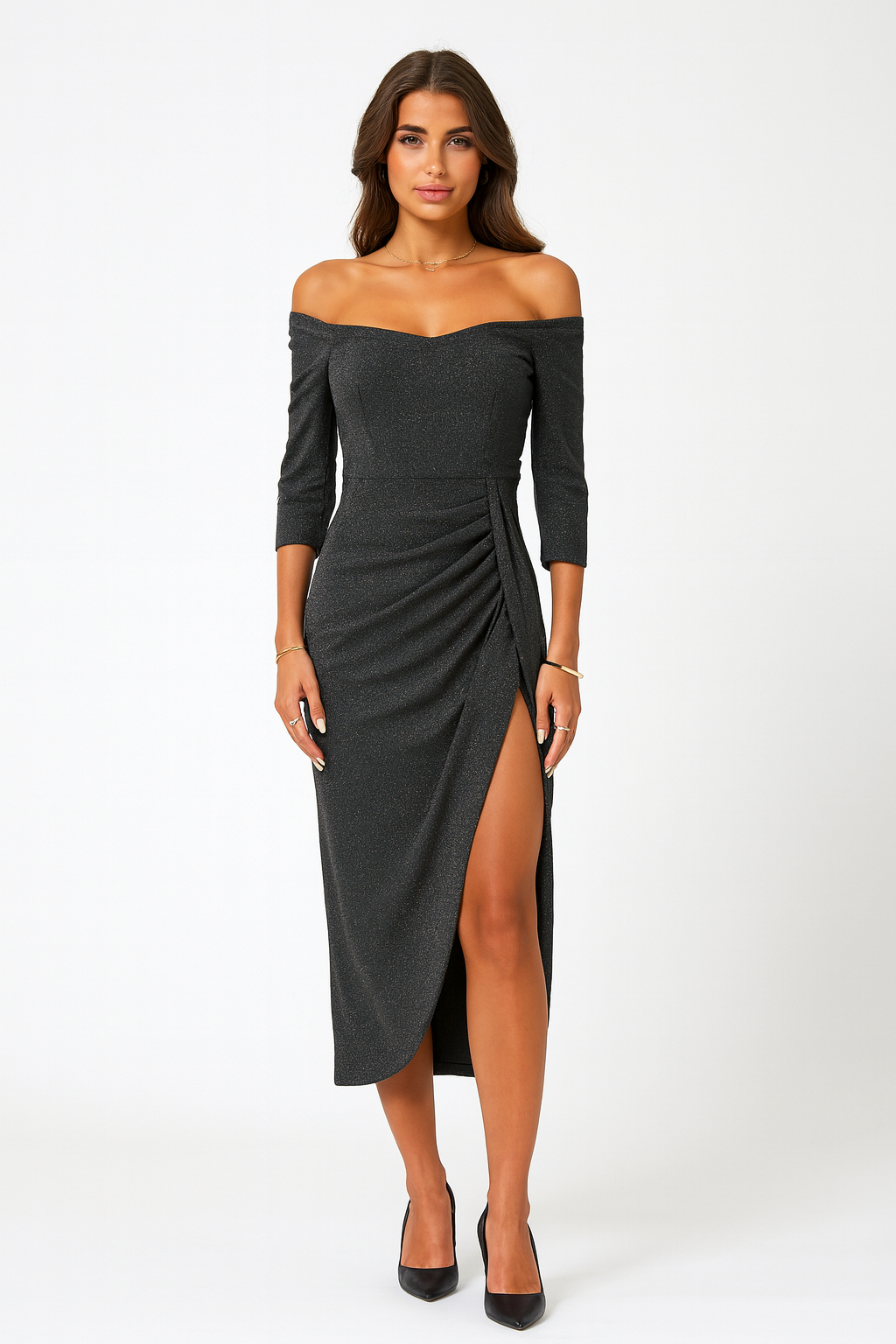 Off Shoulder Slit Midi Dress for Women – Evening Elegant Look