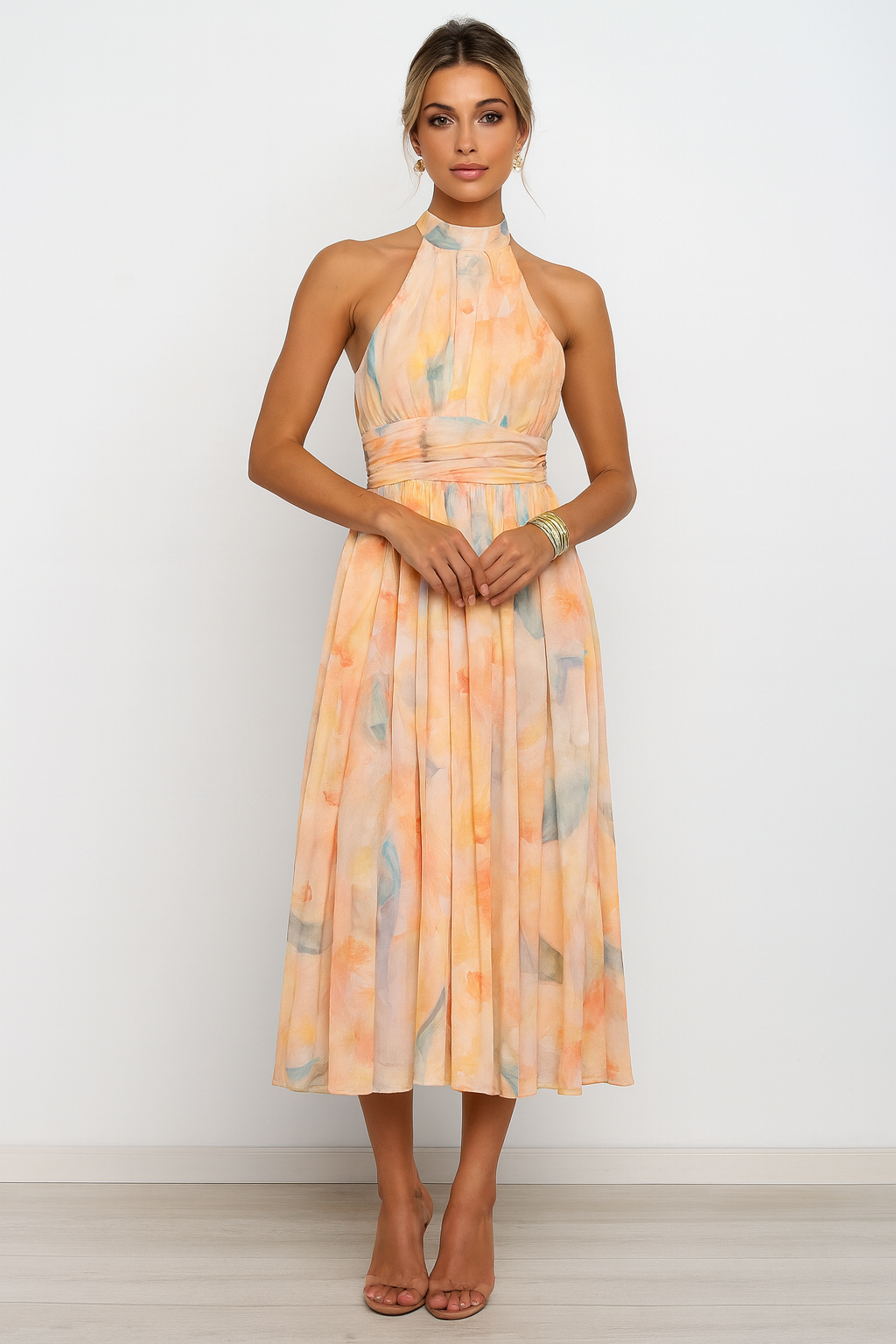 Halter Pleated Midi Dress for Women – Artistic Elegant Style