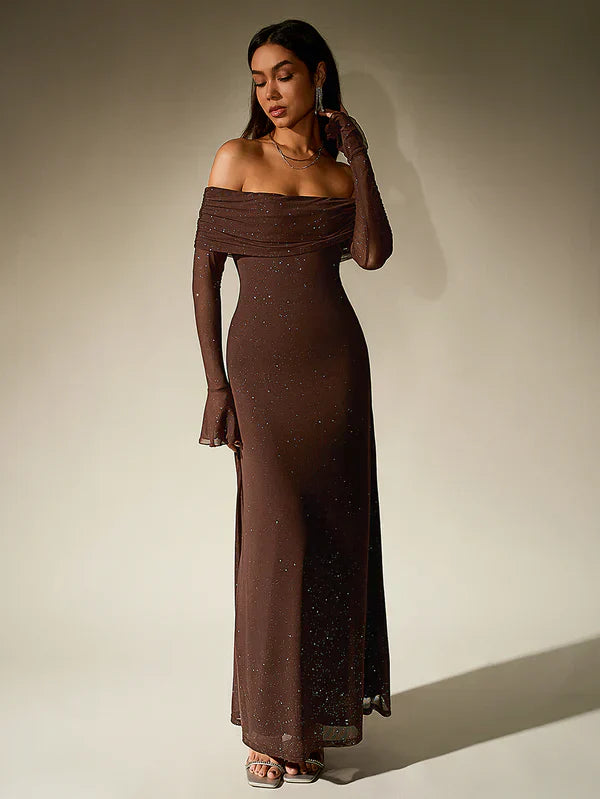 Women Evening Dress | Off-shoulder Maxi Length with Long Sleeves Cut