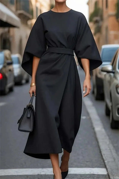 Belted Midi Dress with Bell Sleeves – Elegant Formal Look