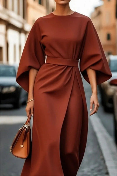 Belted Midi Dress with Bell Sleeves – Elegant Formal Look