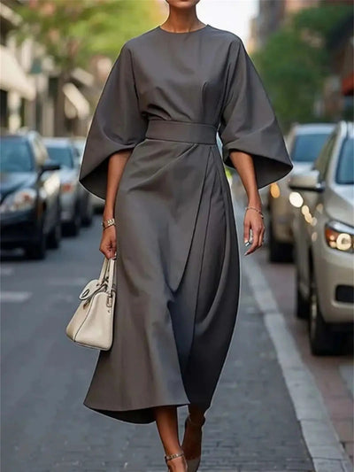 Belted Midi Dress with Bell Sleeves – Elegant Formal Look