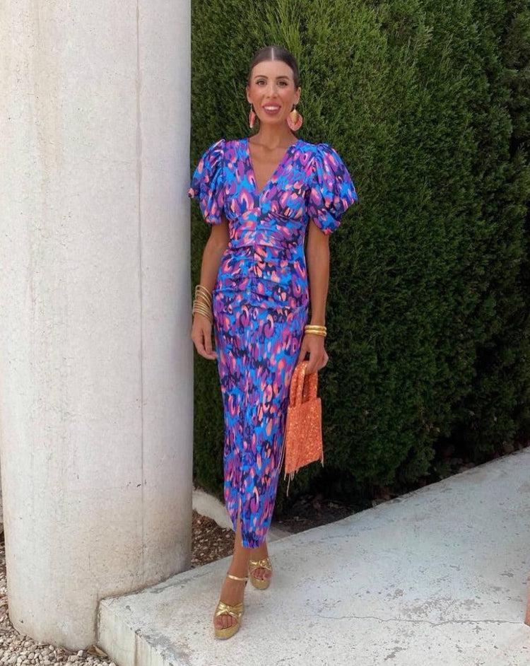 Puff Sleeve Midi Dress for Women – Bold Modern Style