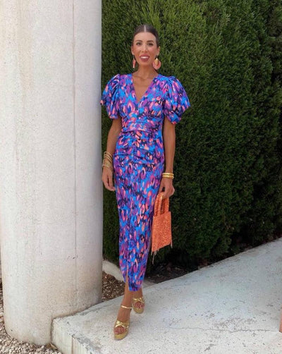 Puff Sleeve Midi Dress for Women – Bold Modern Style