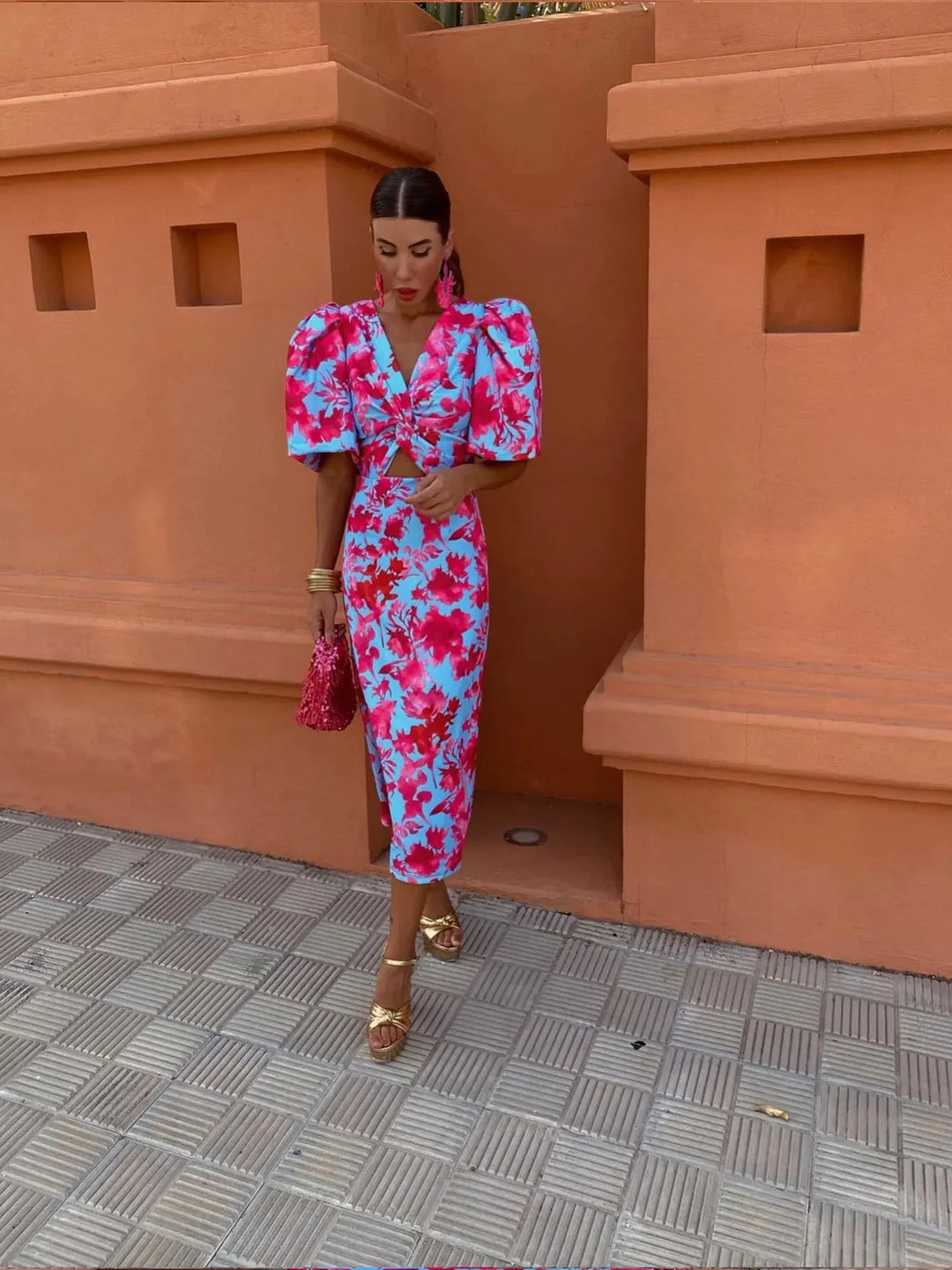 Puff Sleeve Midi Dress for Women – Bold Modern Style