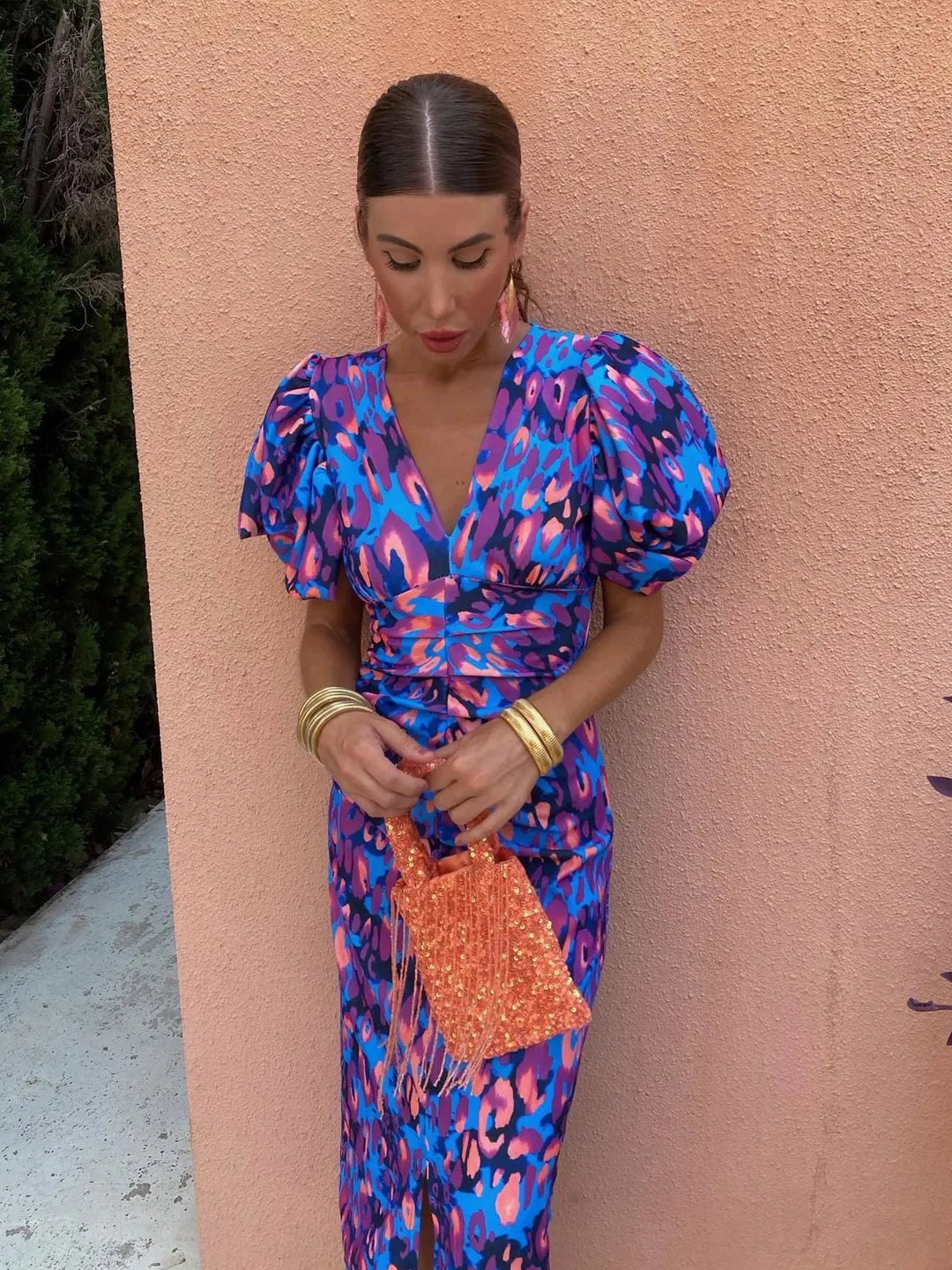 Puff Sleeve Midi Dress for Women – Bold Modern Style
