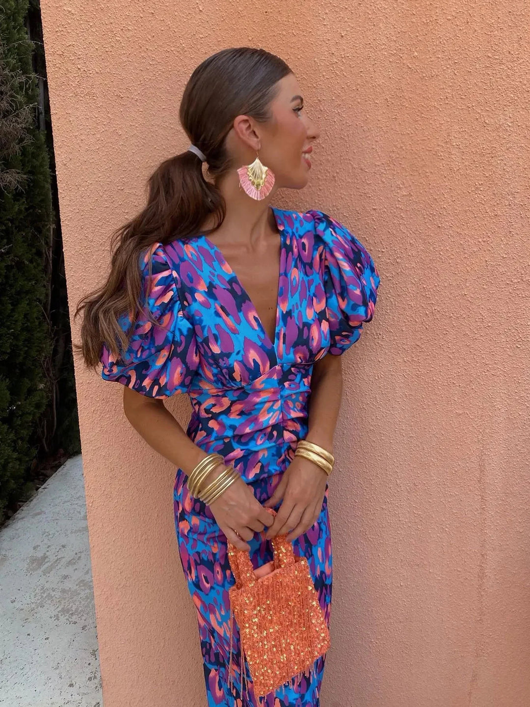 Puff Sleeve Midi Dress for Women – Bold Modern Style