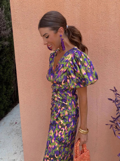 Puff Sleeve Midi Dress for Women – Bold Modern Style