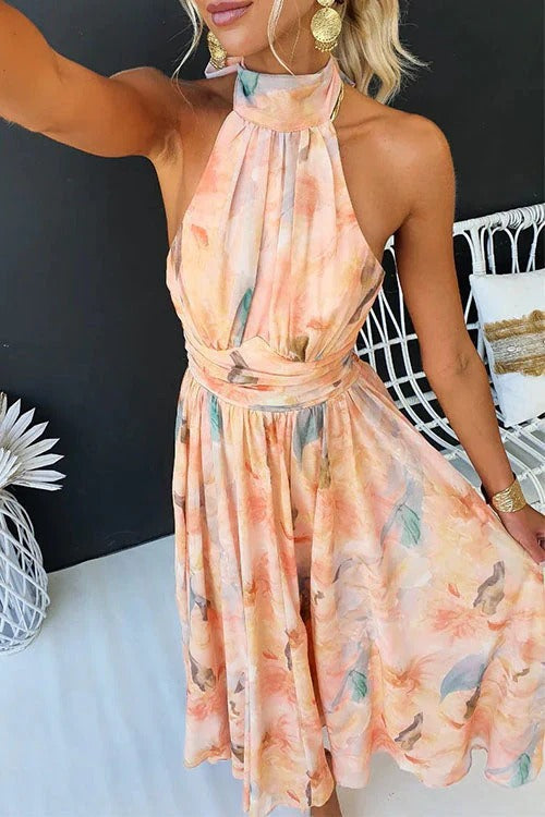 Halter Pleated Midi Dress for Women – Artistic Elegant Style