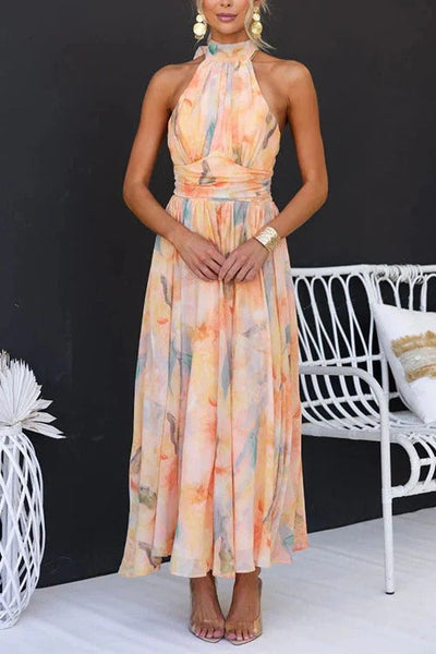 Halter Pleated Midi Dress for Women – Artistic Elegant Style