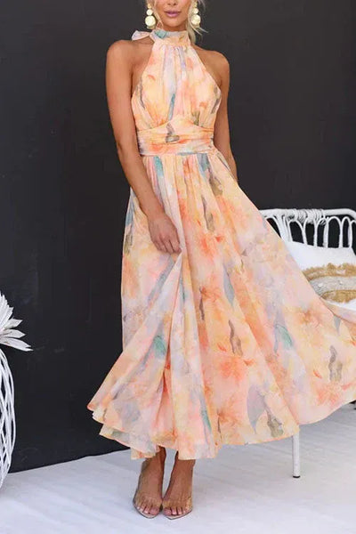 Halter Pleated Midi Dress for Women – Artistic Elegant Style