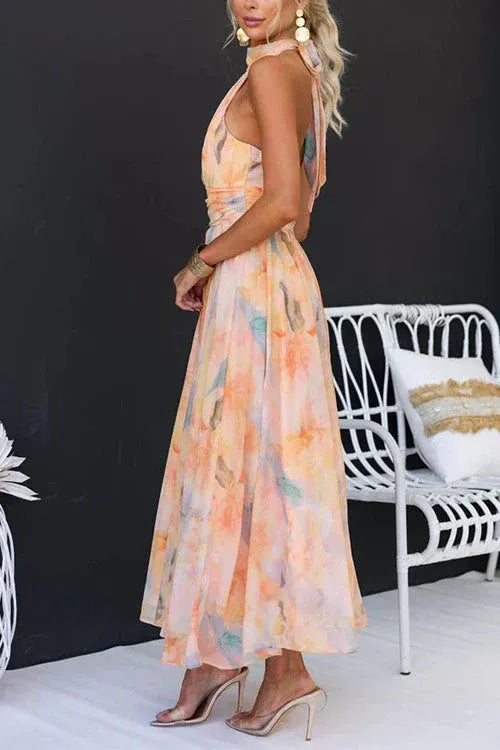 Halter Pleated Midi Dress for Women – Artistic Elegant Style