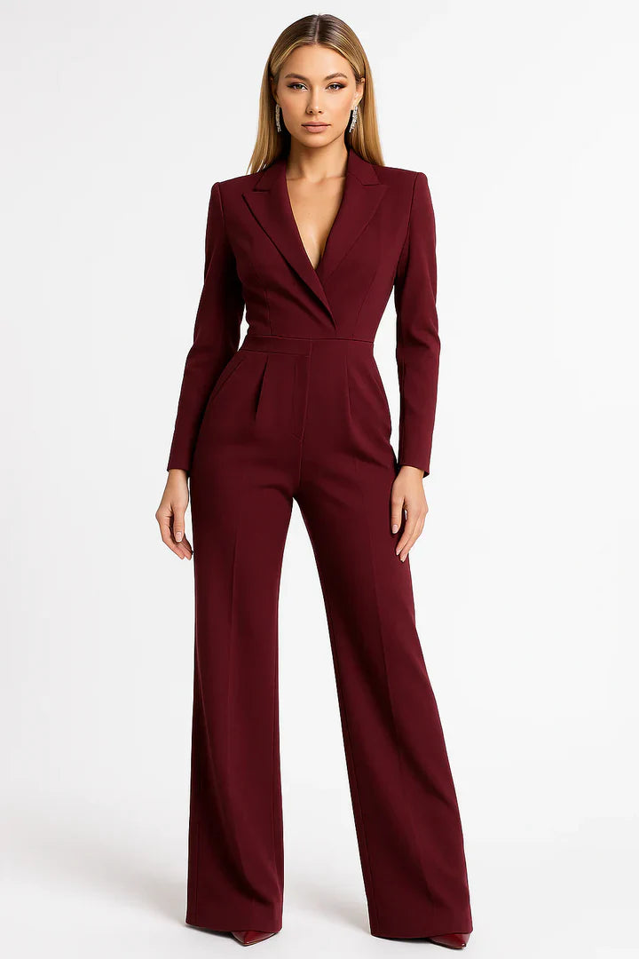 Women Blazer Jumpsuit | V Neck Wide Leg Tailored Fit Full Length Cut