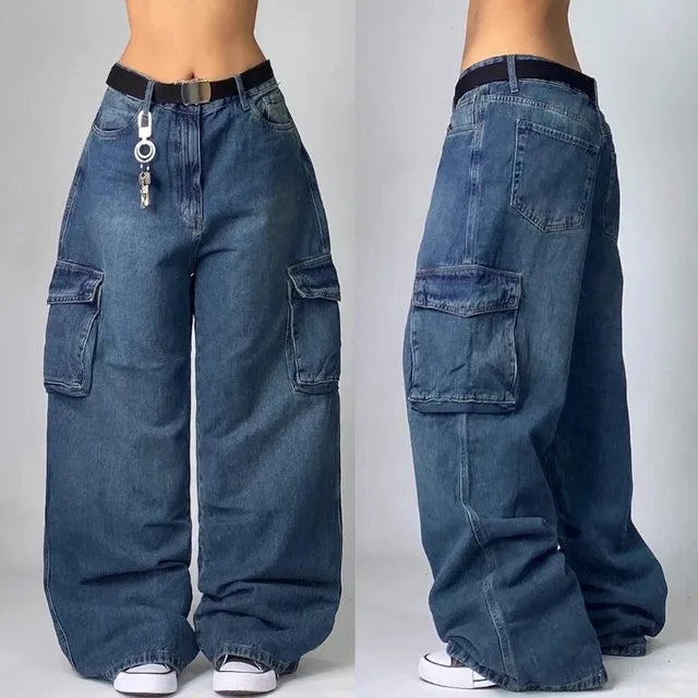 Women Cargo Jeans | Wide leg oversized fit with cargo pockets design