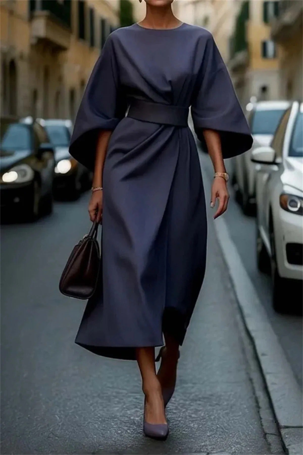 Belted Midi Dress with Bell Sleeves – Elegant Formal Look