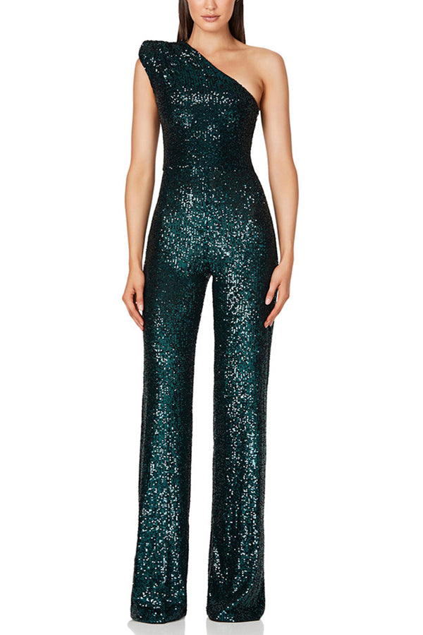 Women Wide Cut Wide Leg Sequined Jumpsuit | One Shoulder Feature Style