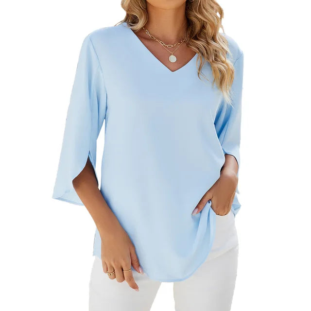 Women Blouse | Three Quarter Sleeve V Neck Everyday Wear Garment Top